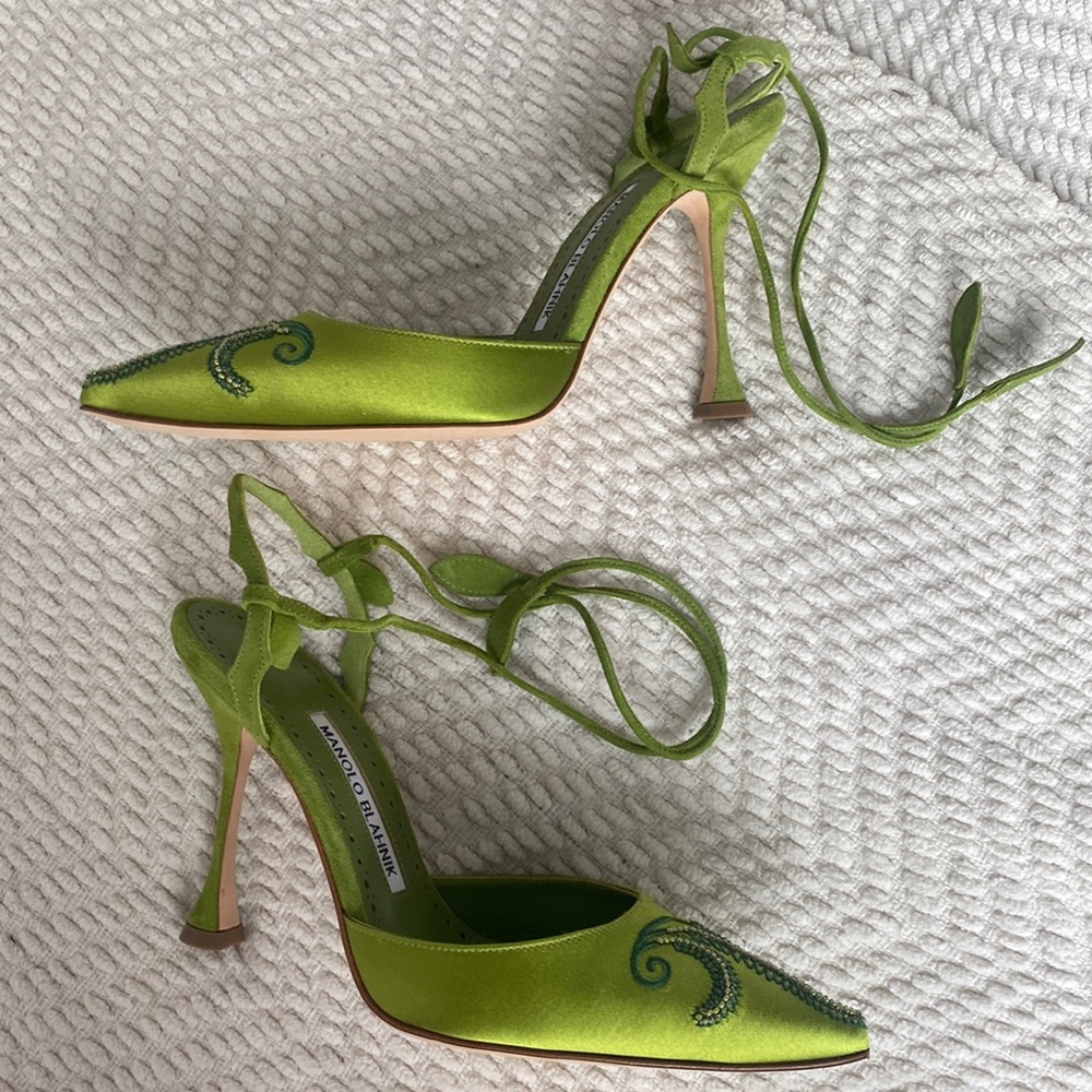 Green Satin Vintage Embellished High Heel